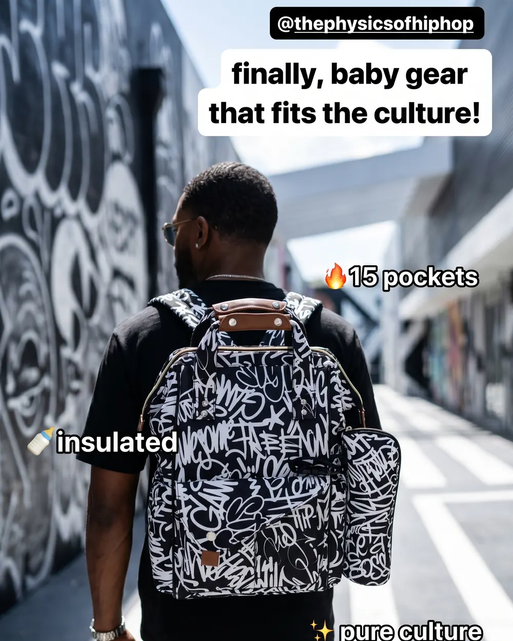 Instagram post: wearing the bag on a sunlit street, captioned finally, baby gear that fits the culture, with callouts for 15 pockets and insulated.