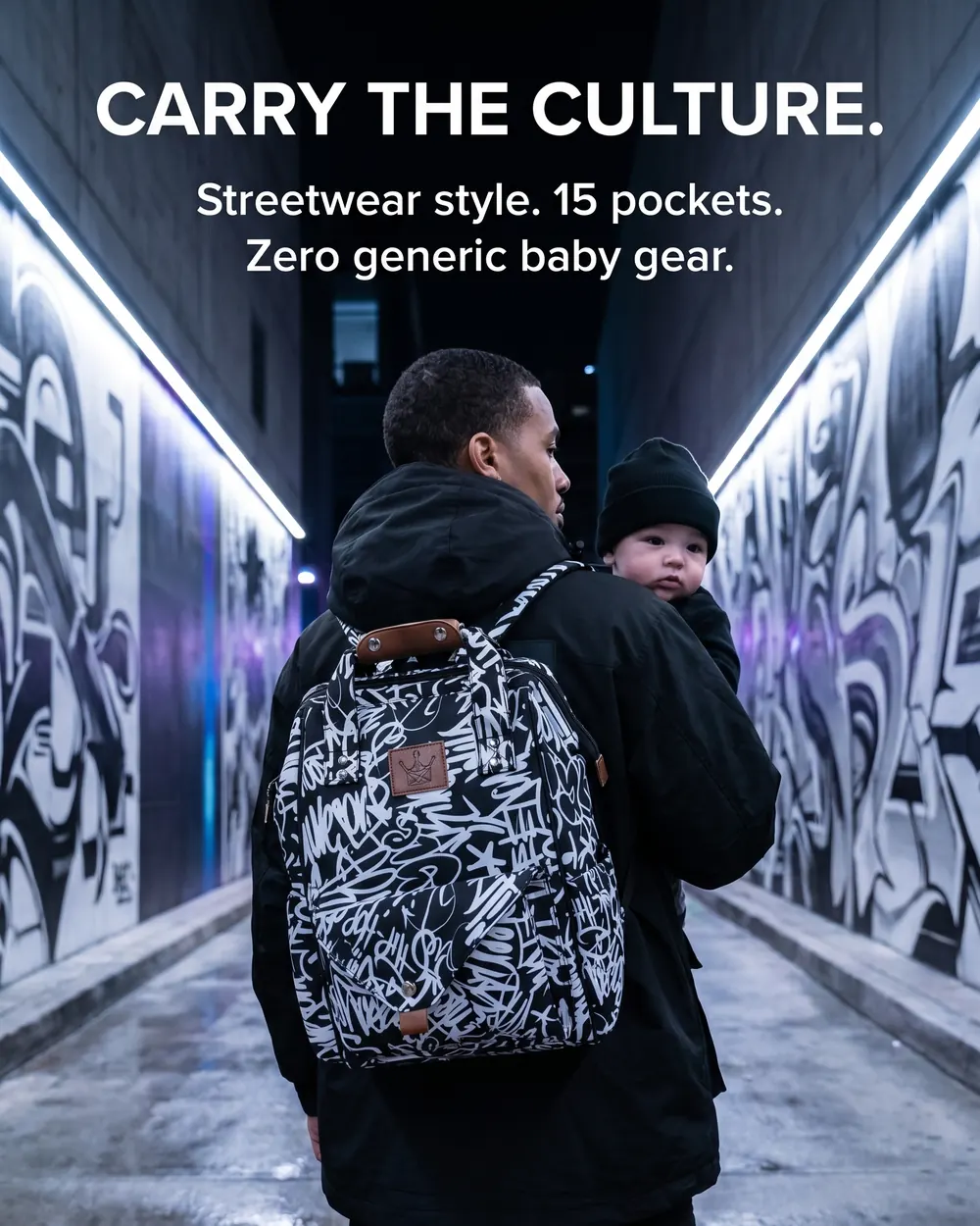 Instagram post: a father carrying his baby down a lit tunnel with the bag on his back. Carry the culture, streetwear style, 15 pockets.