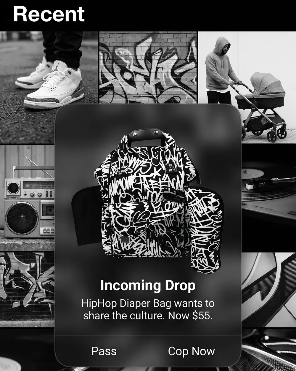 Instagram post: a grid of hip hop references with the bag, captioned Incoming Drop, now $55.
