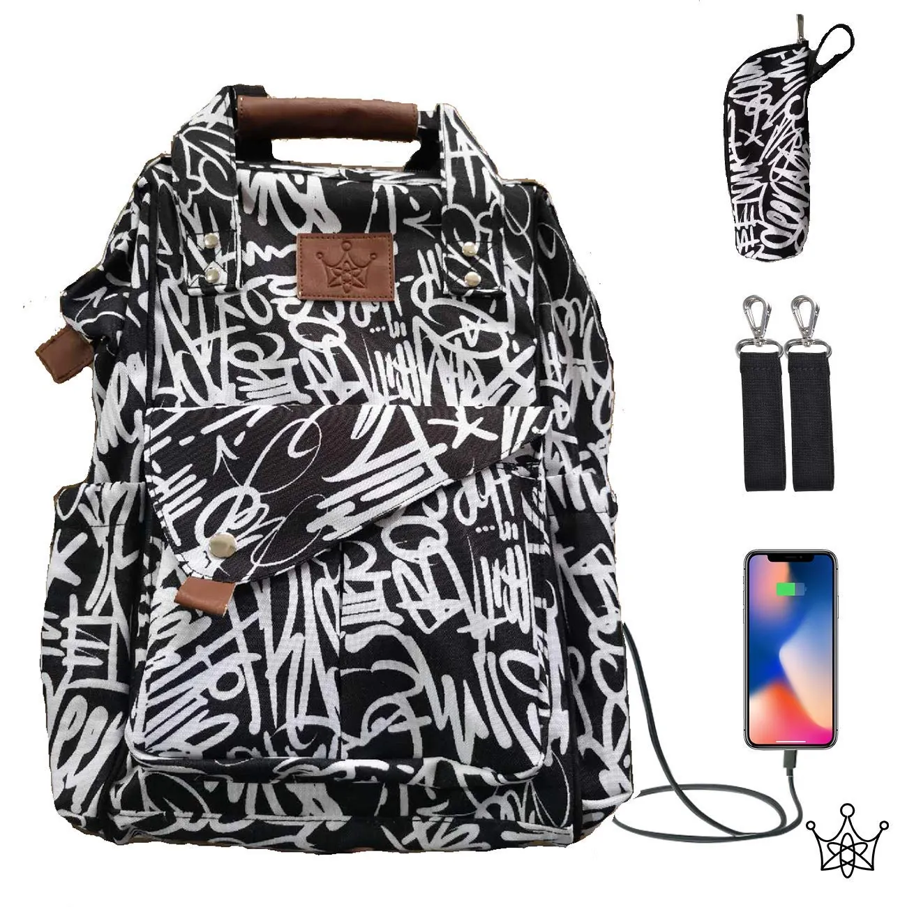 The bag with its insulated bottle sleeve, two stroller straps and USB cable.