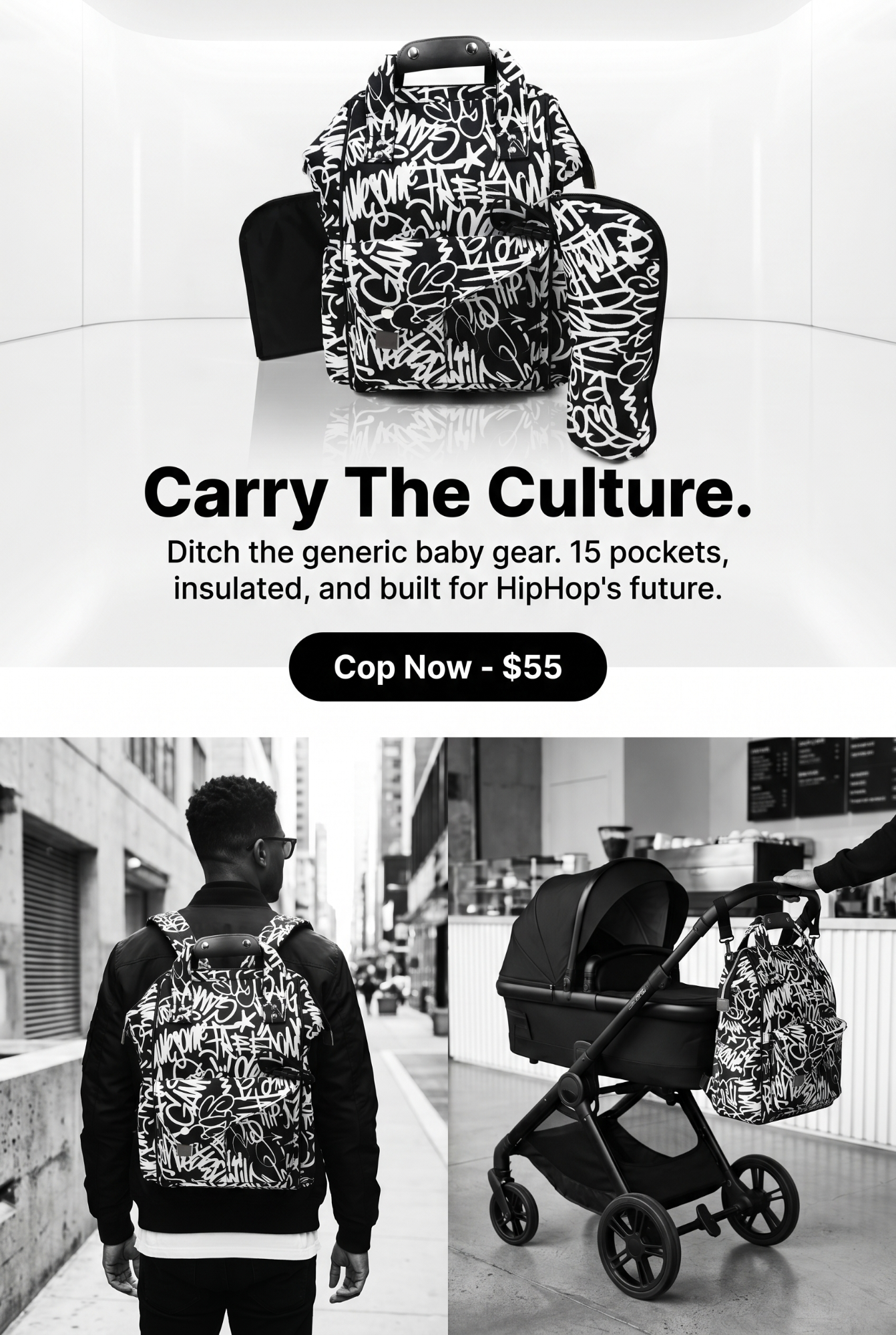 The bag on sand, close on the snap flap and leather tab.